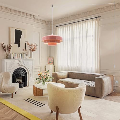 DoungRos Hanging Lamp Pink Plug in Pendant Light Mid Century Modern Pendant Lamp Fixtures Nordic Hanging Light Style Pendant Lighting Metal Shade for Living Room Dining Room Bedroom Kitchen Island - Image 2