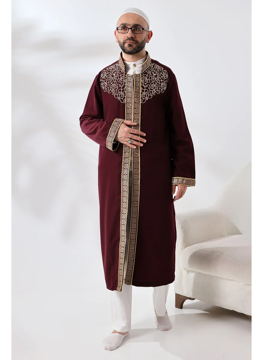 İhvan Online Ihvan Online Burgundy Judge Collar Men's Prayer Dress Stripe Embroidery Imam Robe