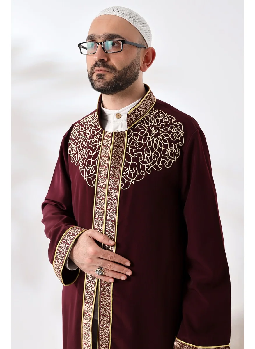 İhvan Online Ihvan Online Burgundy Judge Collar Men's Prayer Dress Stripe Embroidery Imam Robe