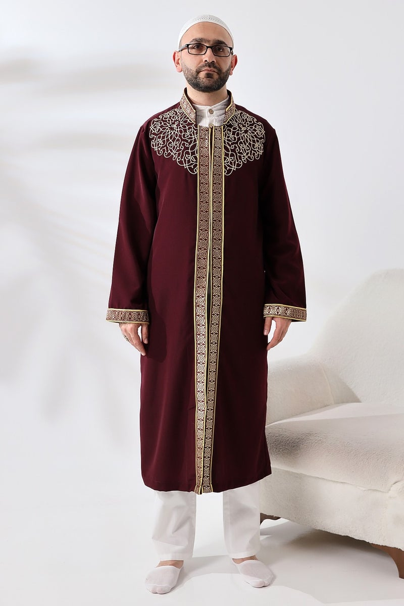 İhvan Online Ihvan Online Burgundy Judge Collar Men's Prayer Dress Stripe Embroidery Imam Robe  - Image 5