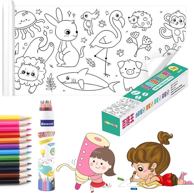 Children's Drawing Roll, Coloring Paper Roll for Kids, DIY Painting Drawing Color Filling Paper, Drawing Paper Roll for Kids (with 12 Colored Pencils,A) - Image 1