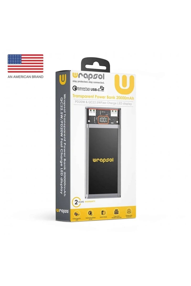 Wrapsol Transparent portable power bank 20000mAh with fast charging 20W Type-C and 22.5W USB-A with digital display - Image 2