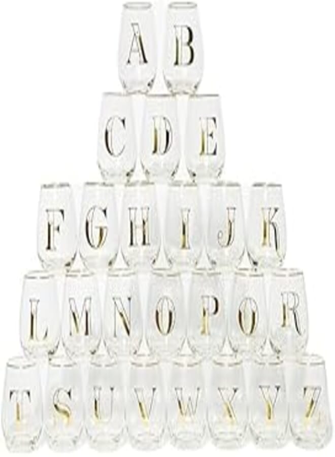 Matalan G Alphabet Print Glass, 12.5 cm Height x 7 cm Diameter Size, Clear/Gold