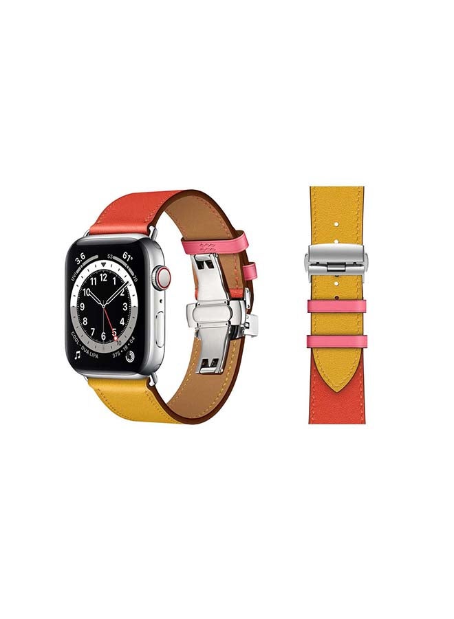 Perfii Genuine Leather Replacement Band with Silver Buckle for Apple Watch Series 6/SE/5/4/3/2/1 44/42mm Orange/Yellow