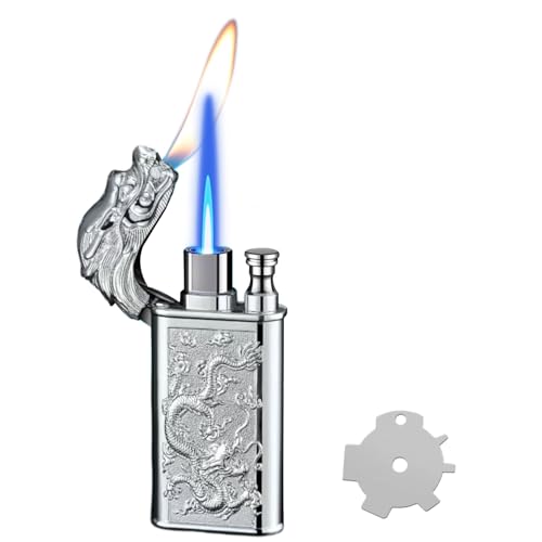 XQBBIDM Torch Lighter, Relief Dragon Design Magic Dual Flame Lighter with Adjusting Flame Tool, Creative Windproof Lighters, Cool Jet Flames Refillable Butane Lighters for Outdoor Indoor-Silver Dragon - Image 1