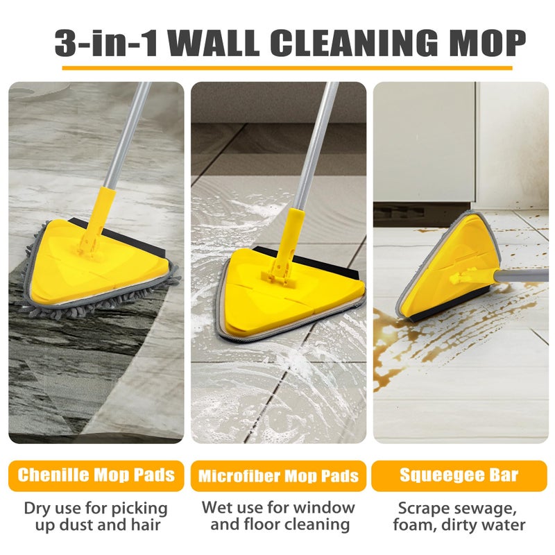 JEHONN Wall Mop with Long Handle 80 Inches, Upgraded 180Â° Collapsible Baseboard Cleaner Tool with Squeegee, Ceiling Duster with 3 Microfiber and 3 Chenille Pads for Cleaning Window, Cabinet (Yellow) - Image 4