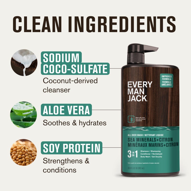 Every Man Jack Sea Minerals + Citron Hydrating Mens 3-in-1 All Over Wash for All Skin and Hair Types - Body Wash, Shampoo and Conditioner with Naturally Derived Ingredients - 28.8oz (2 Pack) - Image 5