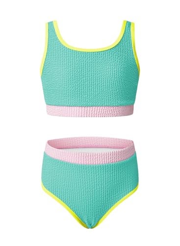 blibean Tween Girls Swimsuits Teen Two Piece Bathing Suits Big Kids Colorblock Bikini Sets High Waisted Cute Swim Suit Junior Textured Swimwear Padding Traje Baño Niñas Size 12-13 Years Mint Green - Image 1