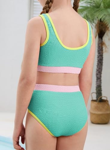 blibean Tween Girls Swimsuits Teen Two Piece Bathing Suits Big Kids Colorblock Bikini Sets High Waisted Cute Swim Suit Junior Textured Swimwear Padding Traje Baño Niñas Size 12-13 Years Mint Green - Image 5