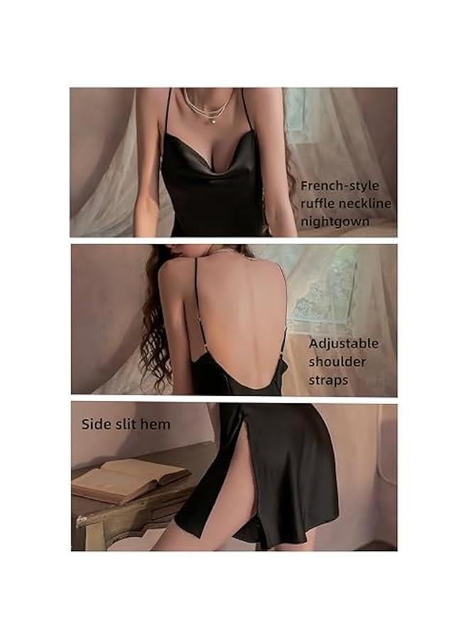 Women Lingerie Lace Nightgown with G-string Chemise Deep V Neck Babydoll & Strap Halter Nightdress Mesh Sleepwear - Image 3