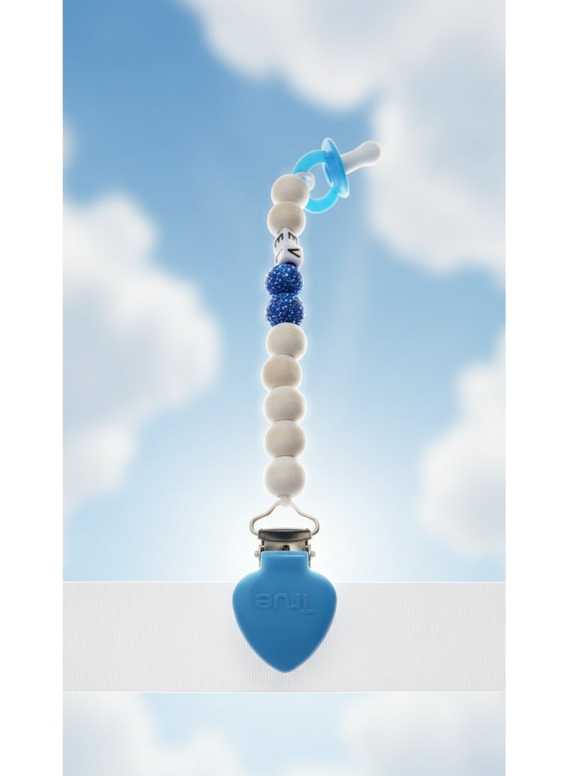True Gold Pacifier Clip | 0m+ | Beaded Silicone & Wood Design | Secure Pacifier Holder | Prevents Pacifier Loss | BPA Free | Blue - Image 4