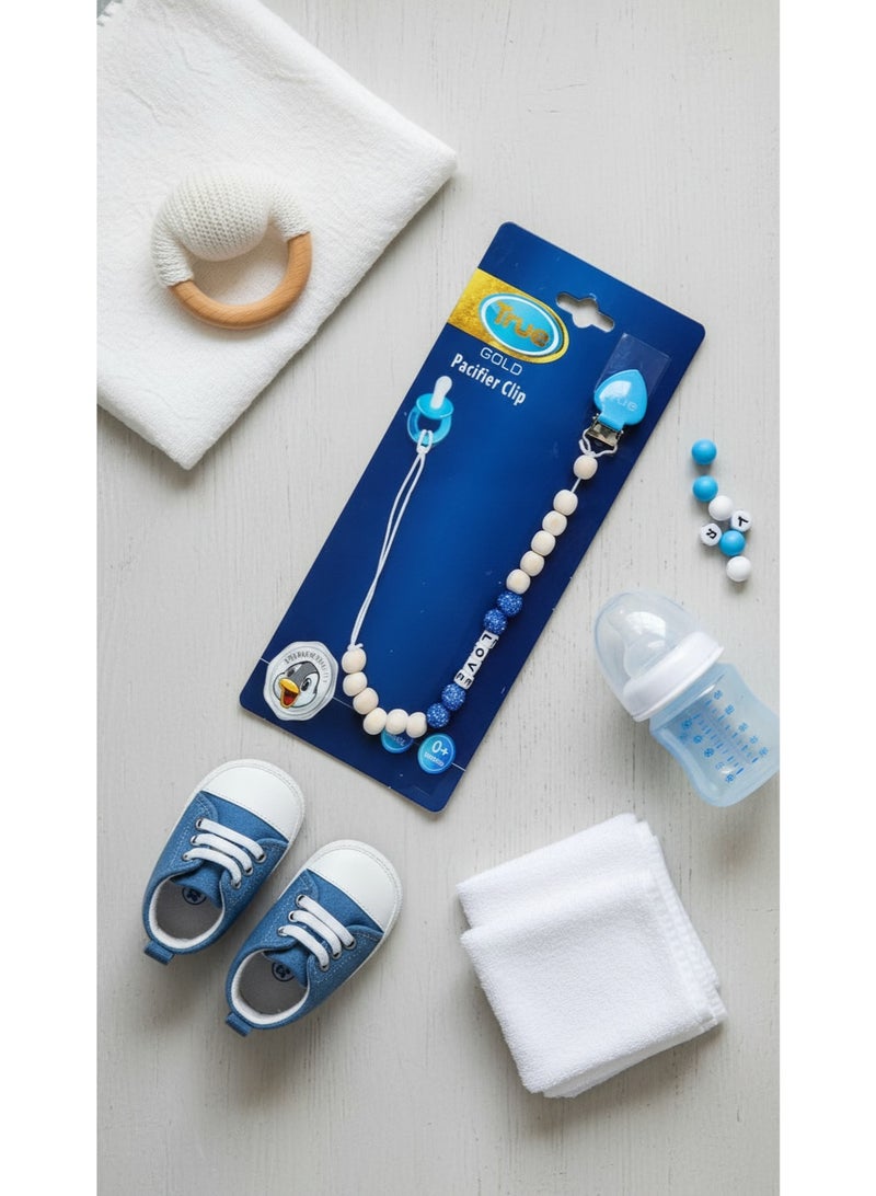 True Gold Pacifier Clip | 0m+ | Beaded Silicone & Wood Design | Secure Pacifier Holder | Prevents Pacifier Loss | BPA Free | Blue - Image 2