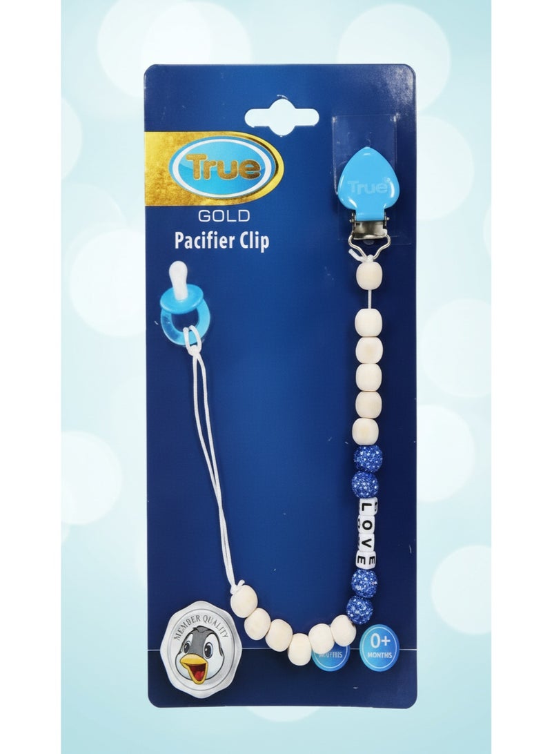 True Gold Pacifier Clip | 0m+ | Beaded Silicone & Wood Design | Secure Pacifier Holder | Prevents Pacifier Loss | BPA Free | Blue - Image 3