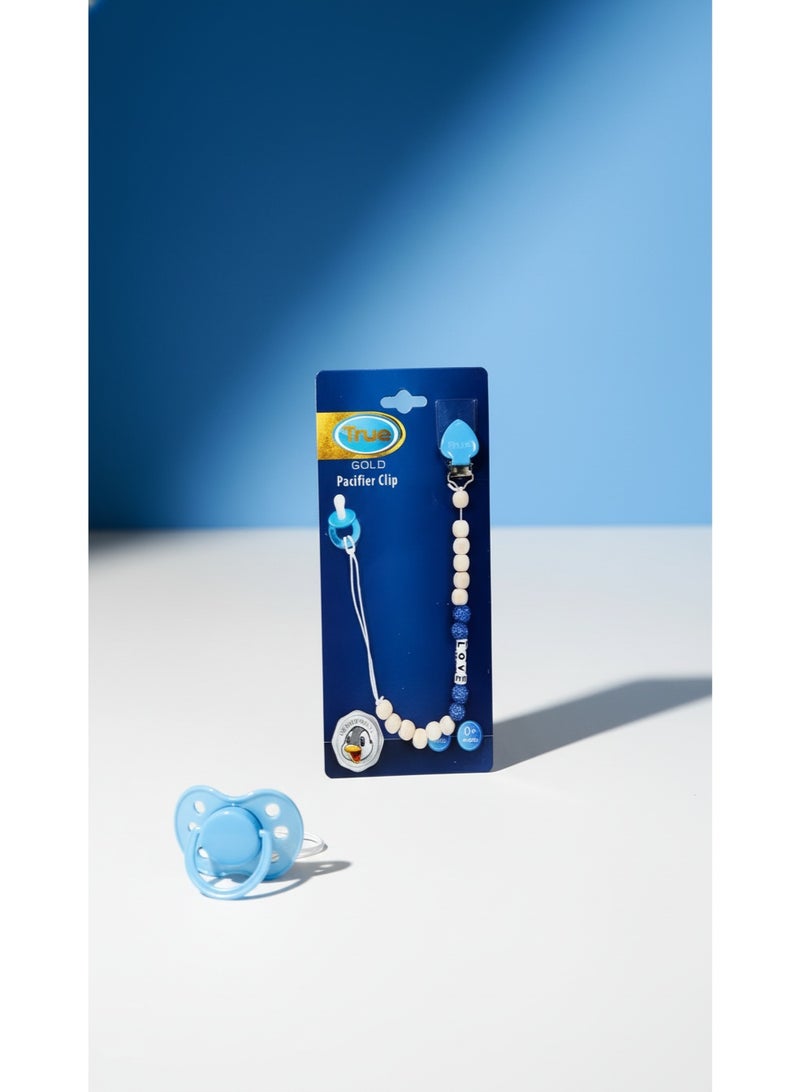 True Gold Pacifier Clip | 0m+ | Beaded Silicone & Wood Design | Secure Pacifier Holder | Prevents Pacifier Loss | BPA Free | Blue - Image 1