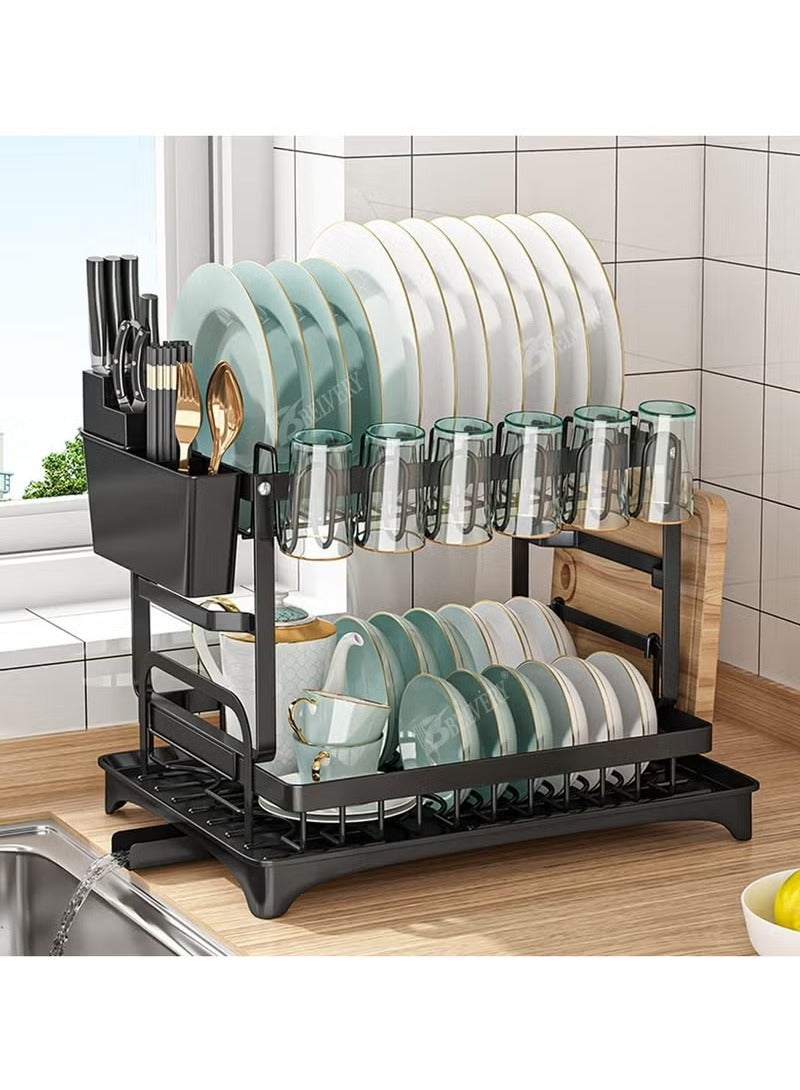 vesus 2 Tier Foldable Dish Drying Rack with Utensil Holder & Cutting Board Holder & Drainboard Tray, Rotatable Drainage System Scratch Resistant Frosted Baking Process Coatings, Dish Drainer Sink Rack, Large Black  - Image 1
