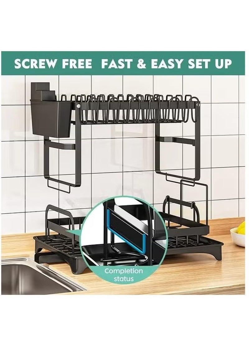 vesus 2 Tier Foldable Dish Drying Rack with Utensil Holder & Cutting Board Holder & Drainboard Tray, Rotatable Drainage System Scratch Resistant Frosted Baking Process Coatings, Dish Drainer Sink Rack, Large Black  - Image 3