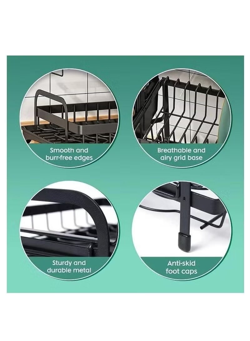 vesus 2 Tier Foldable Dish Drying Rack with Utensil Holder & Cutting Board Holder & Drainboard Tray, Rotatable Drainage System Scratch Resistant Frosted Baking Process Coatings, Dish Drainer Sink Rack, Large Black  - Image 4