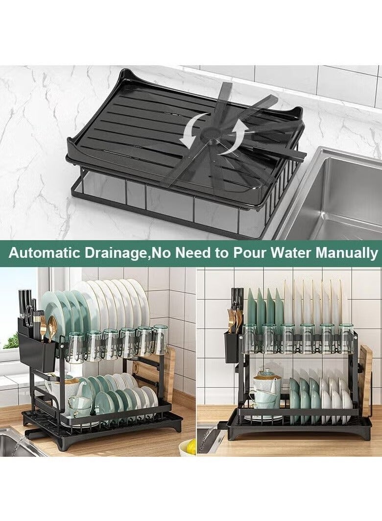 vesus 2 Tier Foldable Dish Drying Rack with Utensil Holder & Cutting Board Holder & Drainboard Tray, Rotatable Drainage System Scratch Resistant Frosted Baking Process Coatings, Dish Drainer Sink Rack, Large Black  - Image 5