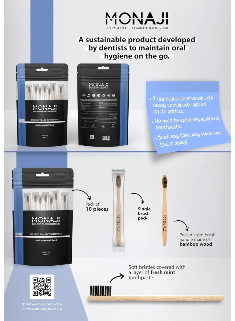 Monaji prepasted bamboo toothbrush with pre applied mint toothpaste ready to use- Pack of 10 - Image 5
