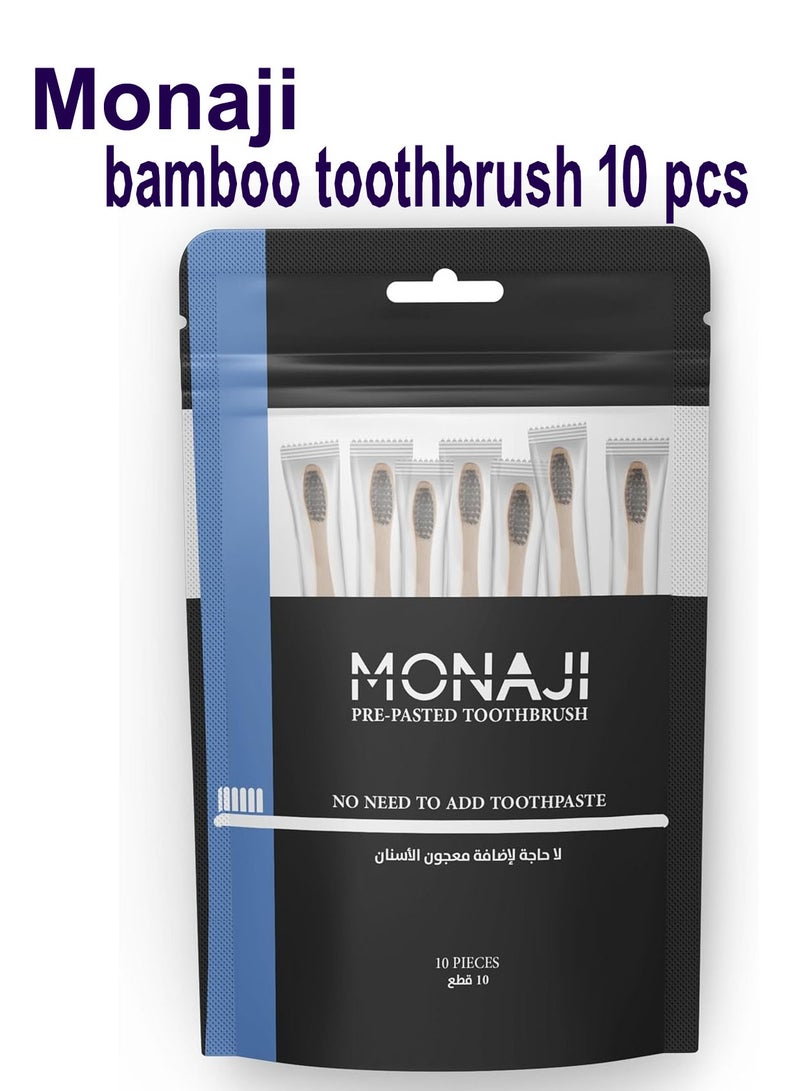 Monaji prepasted bamboo toothbrush with pre applied mint toothpaste ready to use- Pack of 10 - Image 1