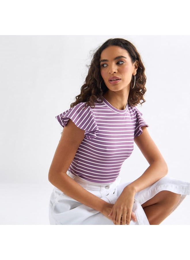 FAV Striped Top with Crew Neck and Flutter Sleeves  - Image 1