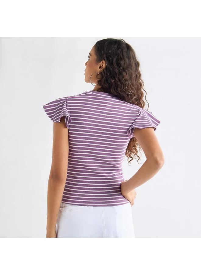 FAV Striped Top with Crew Neck and Flutter Sleeves