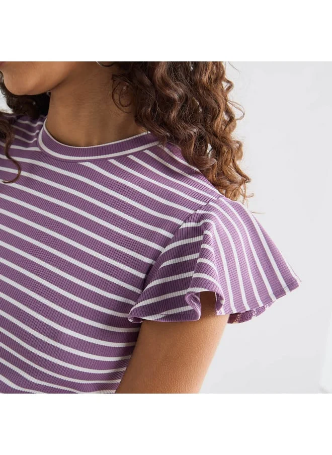 FAV Striped Top with Crew Neck and Flutter Sleeves