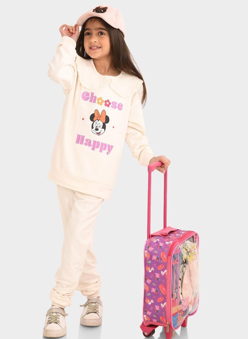 Bonkids Regular Fit Printed Off-White Cotton Sets For Girls Round Neck Flat Collar Pull On 100 % Cotton - Image 1