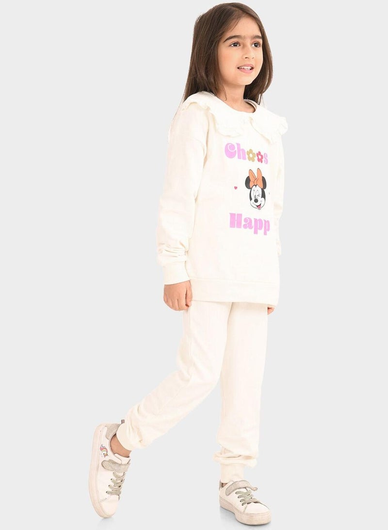 Bonkids Regular Fit Printed Off-White Cotton Sets For Girls Round Neck Flat Collar Pull On 100 % Cotton - Image 3