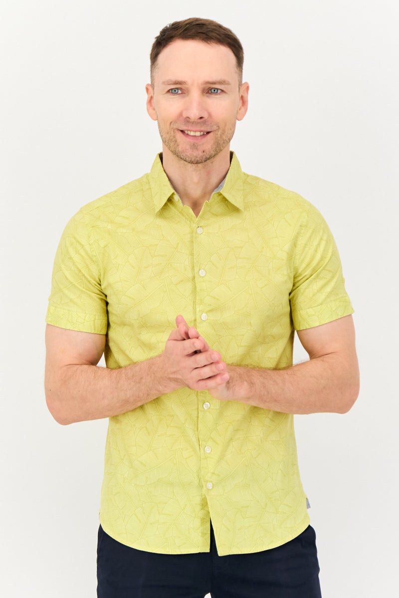 Kenneth Cole Men Regular Fit Tropical Print Short Sleeves Casual Shirt, Yellow  - Image 1