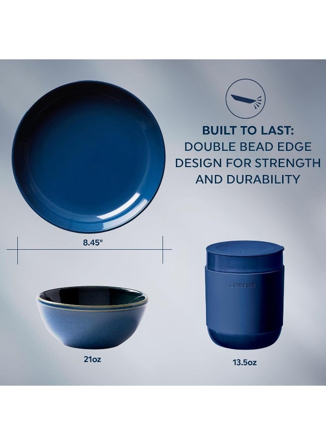Corelle طقم أدوات المائدة من كوريل من الحجر الخزفي، مصنوع يدويًا، أطباق وأوعية خزفية مزججة صلبة بتصميم حديث ريفي، خدمة لـ 4 أشخاص، 16 قطعة باللون الأزرق - Image 4