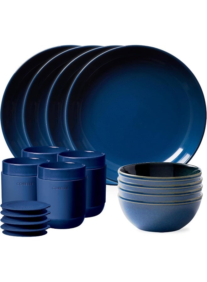 Corelle طقم أدوات المائدة من كوريل من الحجر الخزفي، مصنوع يدويًا، أطباق وأوعية خزفية مزججة صلبة بتصميم حديث ريفي، خدمة لـ 4 أشخاص، 16 قطعة باللون الأزرق - Image 1