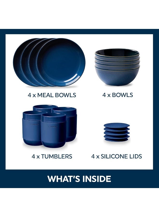 Corelle طقم أدوات المائدة من كوريل من الحجر الخزفي، مصنوع يدويًا، أطباق وأوعية خزفية مزججة صلبة بتصميم حديث ريفي، خدمة لـ 4 أشخاص، 16 قطعة باللون الأزرق - Image 2