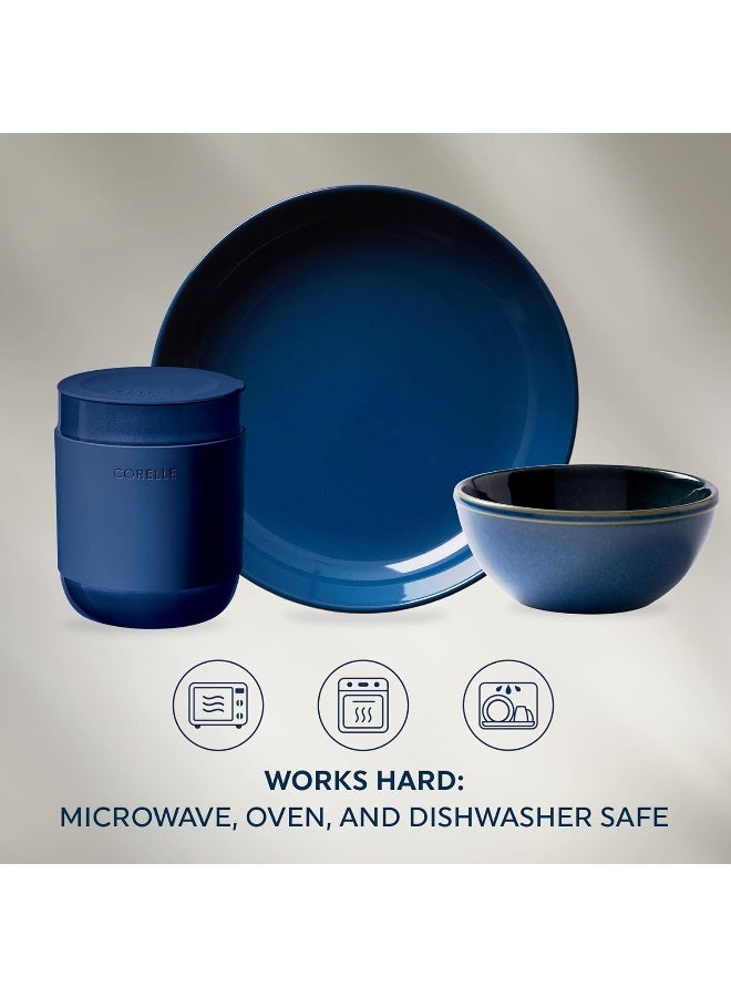 Corelle طقم أدوات المائدة من كوريل من الحجر الخزفي، مصنوع يدويًا، أطباق وأوعية خزفية مزججة صلبة بتصميم حديث ريفي، خدمة لـ 4 أشخاص، 16 قطعة باللون الأزرق - Image 3