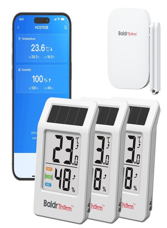 BaldrTherm Solar Smart WiFi Temperature Humidity Monitor with Remote App Control, Offline Storage, Trend Charts, Real-Time Alerts for Home Storage Room, Pet Cage, Indoor/Outdoor Use, White, 3pack
