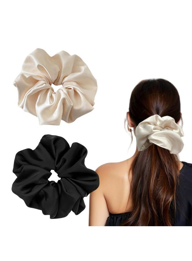 PIDOUDOU 2 Pieces Jumbo Satin Silk Scrunchies for Women 7.5 Inches Large Oversize Scrunchies For Thick Hair Ties Hair Ornament (Black and Beige) - Image 1
