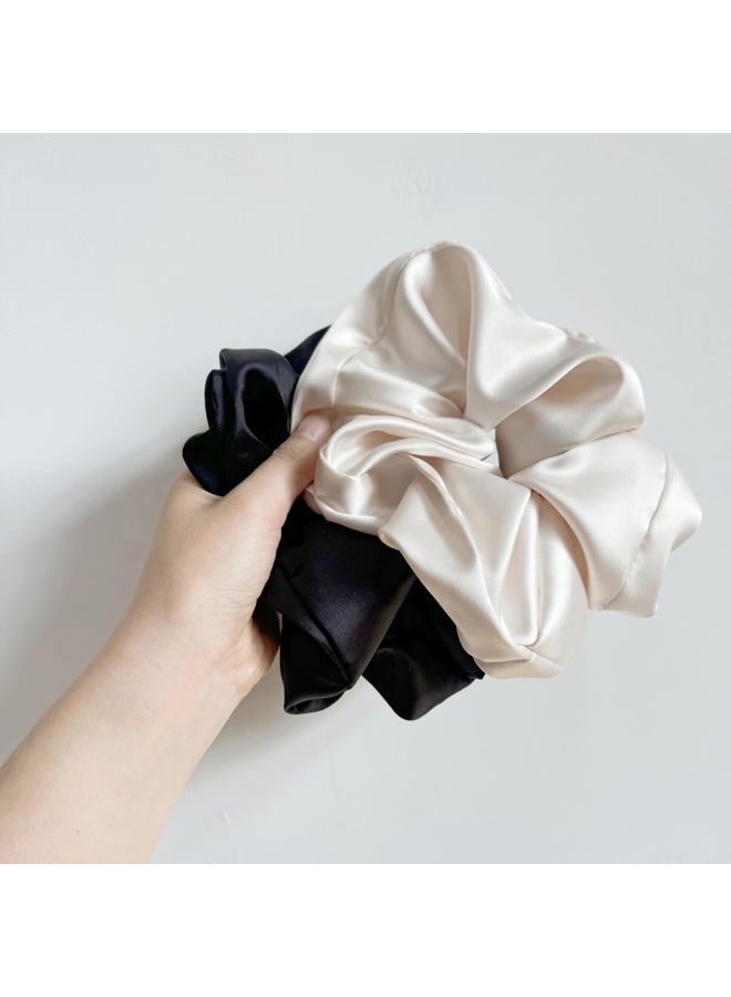 PIDOUDOU 2 Pieces Jumbo Satin Silk Scrunchies for Women 7.5 Inches Large Oversize Scrunchies For Thick Hair Ties Hair Ornament (Black and Beige) - Image 3