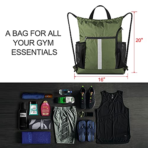 BeeGreen Moss Green Drawstring Bag Pack Sport Cinch Sack with Shoe Compartment and Two Side Mesh Pockets Heavy Duty Gym String Backpack for Unisex - Image 3