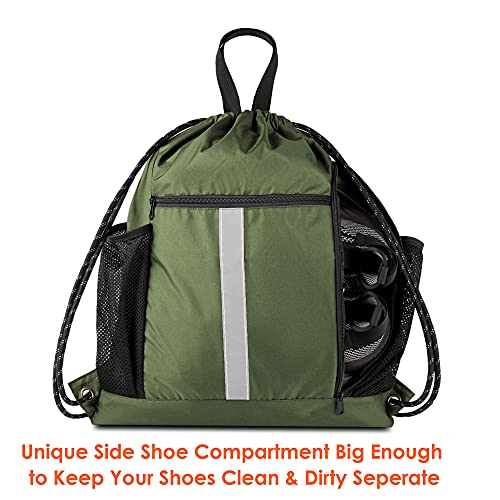 BeeGreen Moss Green Drawstring Bag Pack Sport Cinch Sack with Shoe Compartment and Two Side Mesh Pockets Heavy Duty Gym String Backpack for Unisex - Image 2