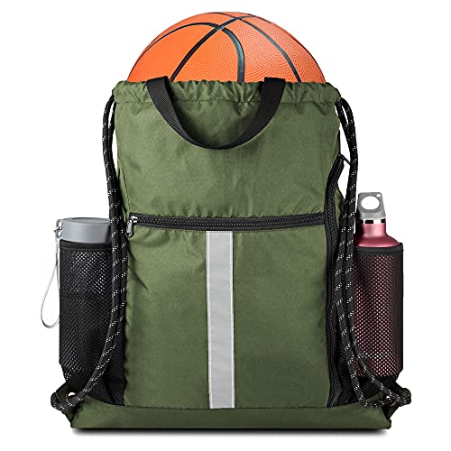 BeeGreen Moss Green Drawstring Bag Pack Sport Cinch Sack with Shoe Compartment and Two Side Mesh Pockets Heavy Duty Gym String Backpack for Unisex - Image 1