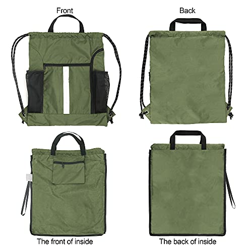 BeeGreen Moss Green Drawstring Bag Pack Sport Cinch Sack with Shoe Compartment and Two Side Mesh Pockets Heavy Duty Gym String Backpack for Unisex - Image 4