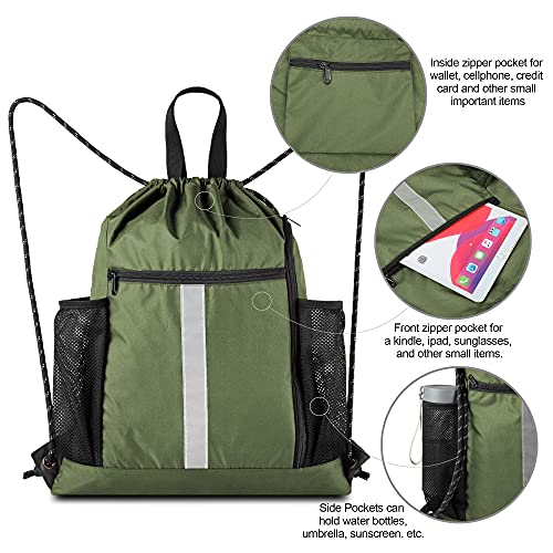 BeeGreen Moss Green Drawstring Bag Pack Sport Cinch Sack with Shoe Compartment and Two Side Mesh Pockets Heavy Duty Gym String Backpack for Unisex - Image 5