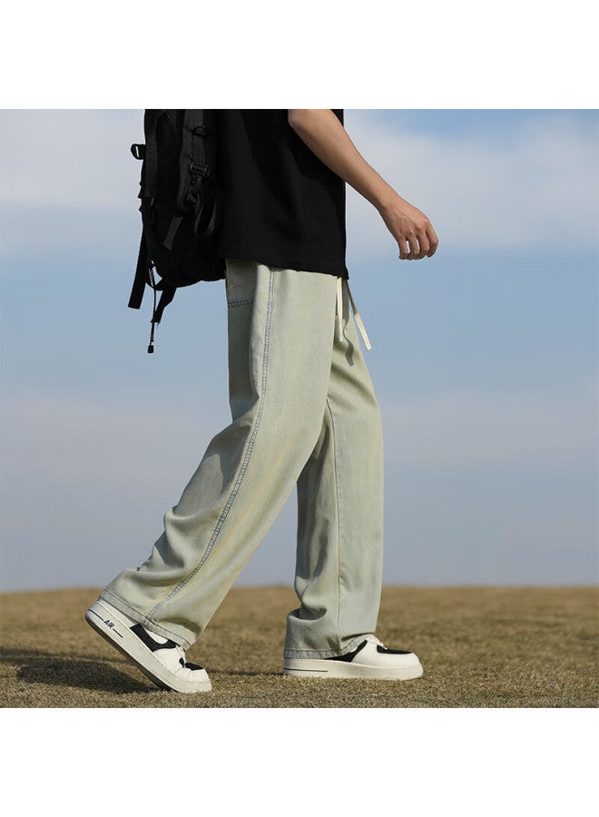 Homlean Men's American Style Wide-leg Denim Jeans Autumn Vintage Loose Casual Trousers Hs22 Yellow Mud 2XL - Image 5