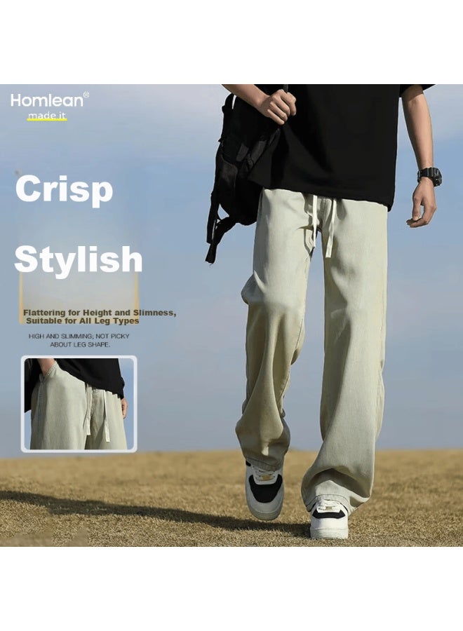 Homlean Men's American Style Wide-leg Denim Jeans Autumn Vintage Loose Casual Trousers Hs22 Yellow Mud 2XL - Image 1