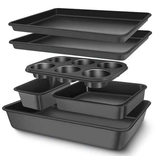 AIVIKI Baking Pans Set Nonstick Bakeware Sets Oven Pans for Cooking AIVIKI 6 Pieces Baking Sheets Set Including Cookie Sheet Deep Roaster Pan Square Pan Loaf Pan Muffin Pan Carbon Steel Baking Set - Image 1