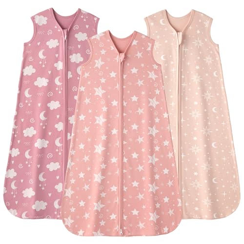 FIEMOL Baby Sleep Sack 0-6 months, 100% Cotton Sleeping Sack for Newborn and Infant, 3 Pack Baby Wearable Blanket, 0.5 Tog Lightweight Double Zipper Sleep Bag Small Pink Stars Moon - Image 1