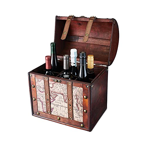 Twine Old World 6 Wooden Wine Bottle Gift Box - Wine Decorative Storage Box with Lid and Handle, Wine Accessory Sets, Wood, Faux Leather in Antique Map Design Liquor Gift Box - Image 1