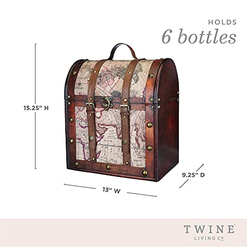 Twine Old World 6 Wooden Wine Bottle Gift Box - Wine Decorative Storage Box with Lid and Handle, Wine Accessory Sets, Wood, Faux Leather in Antique Map Design Liquor Gift Box - Image 3