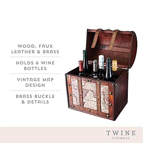 Twine Old World 6 Wooden Wine Bottle Gift Box - Wine Decorative Storage Box with Lid and Handle, Wine Accessory Sets, Wood, Faux Leather in Antique Map Design Liquor Gift Box - Image 2