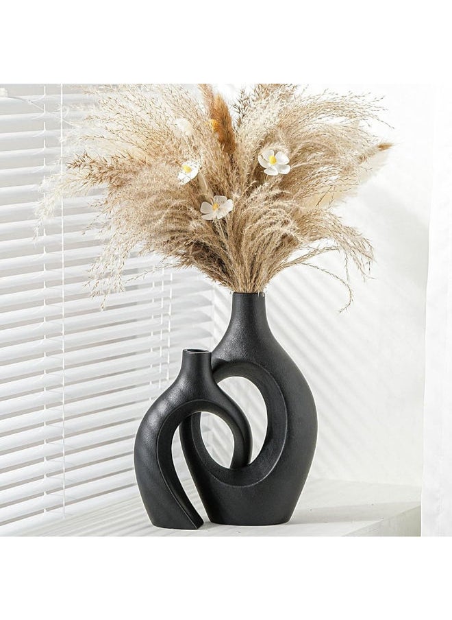 Generic Levvohd Matte Black Ceramic Vase Set Of 2 For Modern Home Decor, Neutral Boho Round Donut Pampas Grass Vases, Nordic Aesthetic Flower Vase, For The Living Room Coffee Table Fire Place Book Style Shelf 